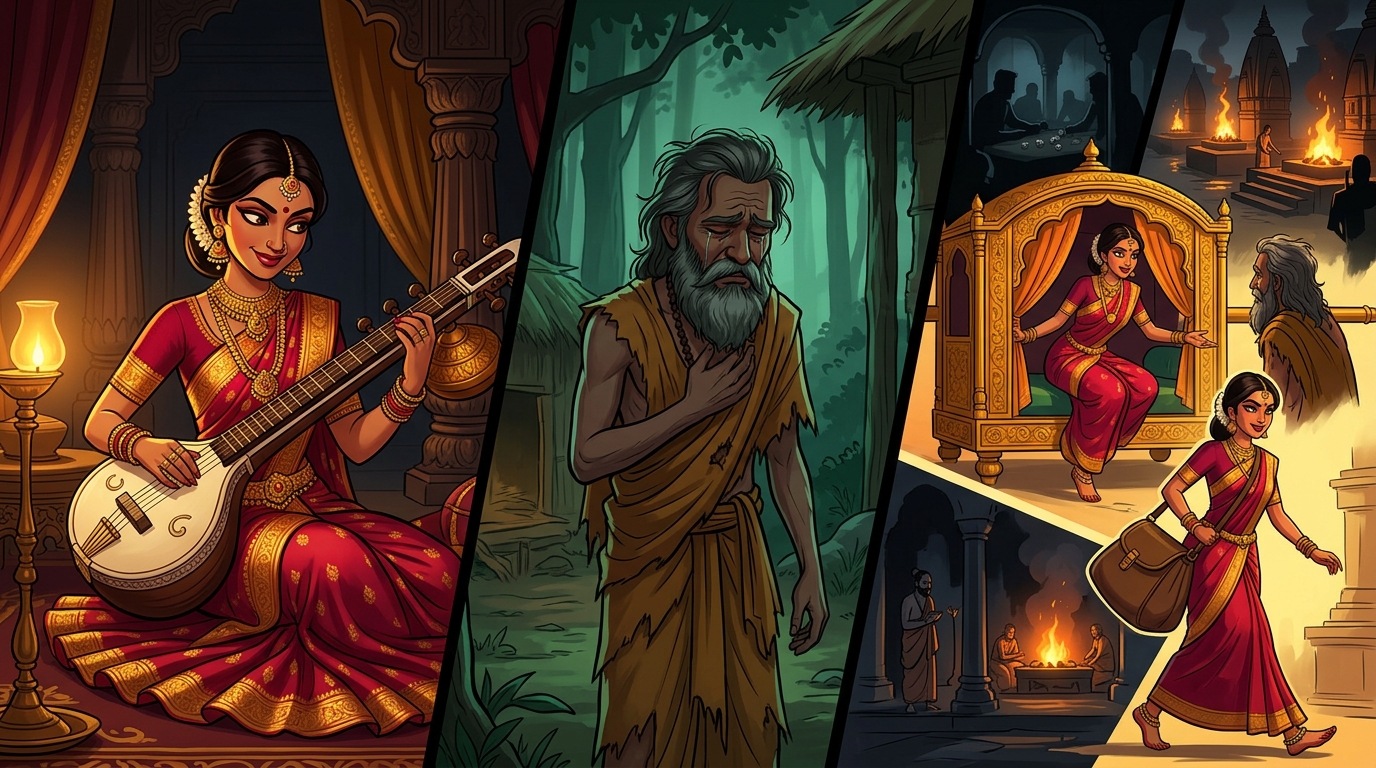 Flashback: The alluring courtesan Kamamanjari seducing the sage and stealing his lifetime savings in a public bet