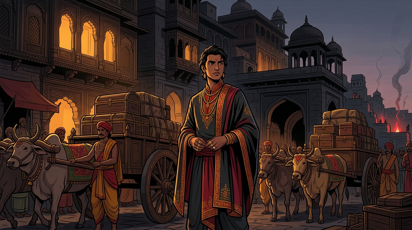 Apaharavarman in the guise of a fabulously wealthy eccentric merchant prince arriving with treasure chests
