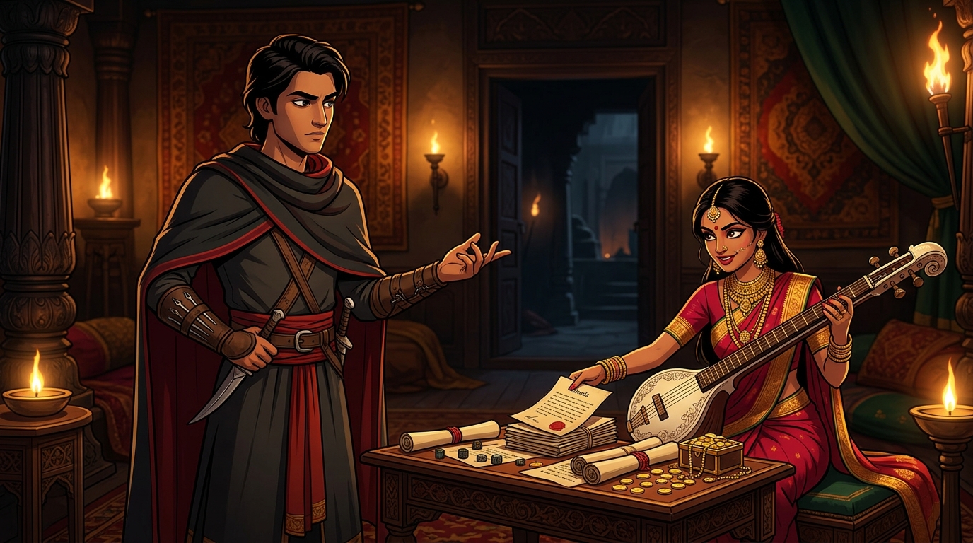 Apaharavarman feigns indifference manipulating her vanity until Kamamanjari signs away stolen deeds in a wager