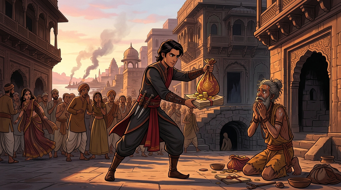 Dawn in city square: Apaharavarman publicly returns all gold coins and deeds to Sage Marichi as Kamamanjari flees