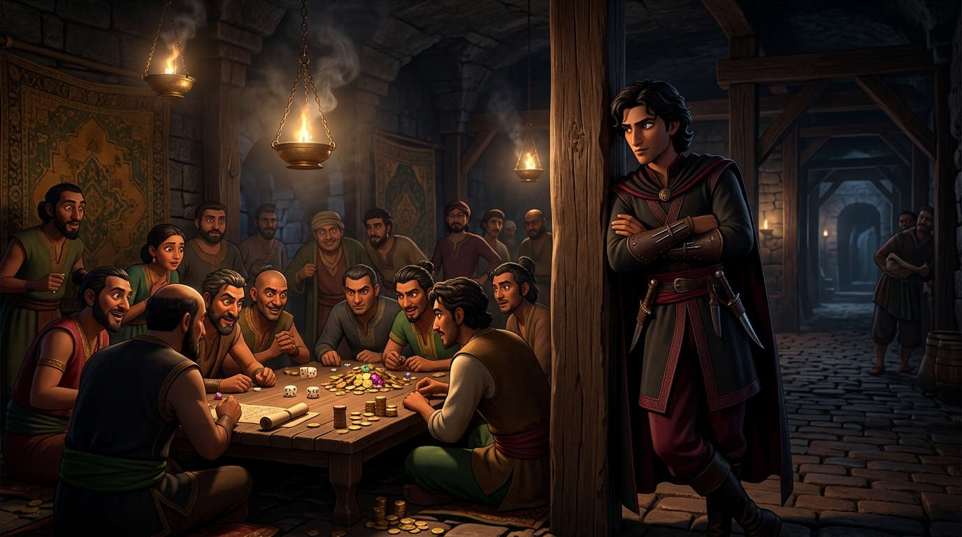 Midnight in the shadowy subterranean gambling dens of Champa with smoky oil lamps and ivory dice