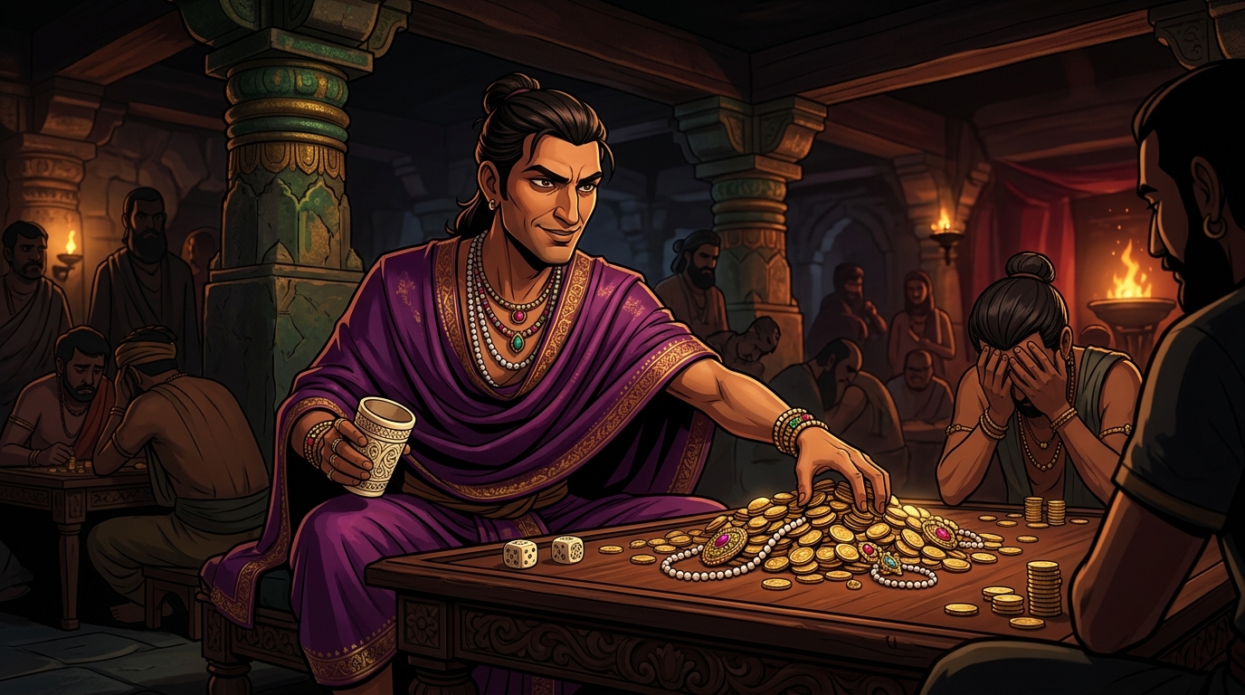 Master Gambler Vimardaka undefeated kingpin arrogantly raking in massive piles of gold coins