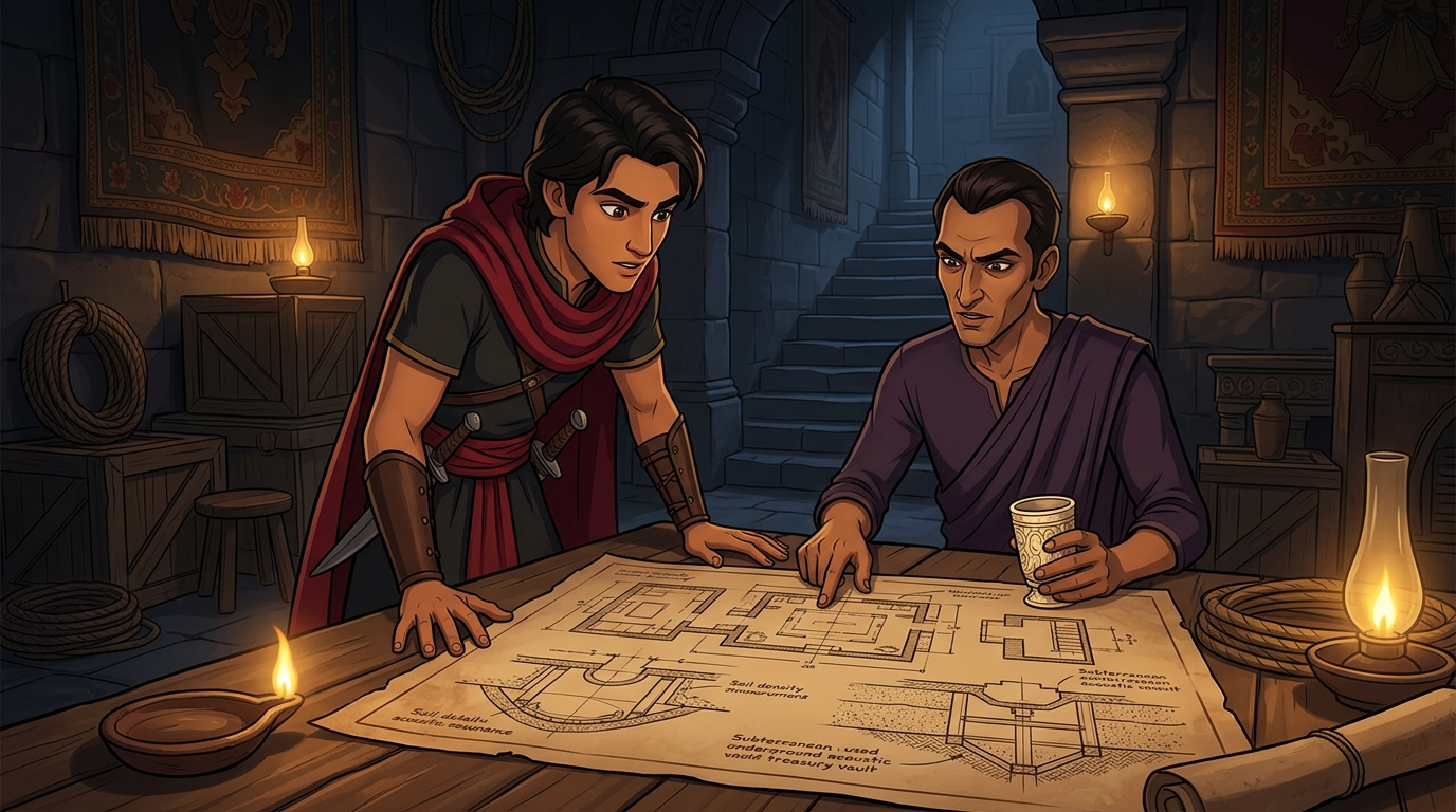 Apaharavarman and Vimardaka examine blueprints of Kanthaka underground treasury vault