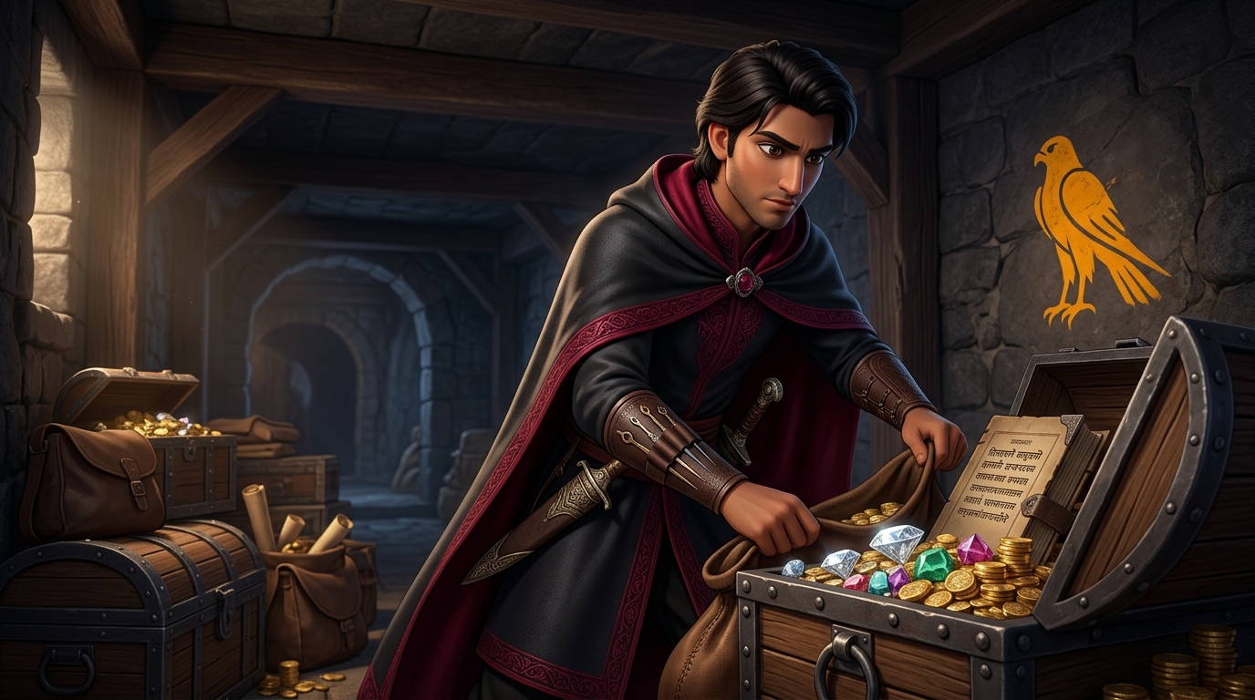 Inside secret vault: Apaharavarman loads chests of gold and ledgers leaving behind painted glyph of falcon
