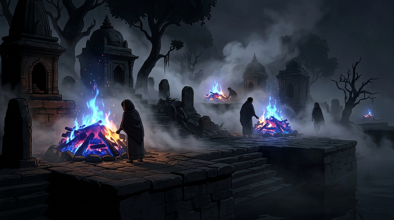 Eerie atmospheric shot of sacred Mahashmashana cremation grounds of Champa at midnight with blue embers
