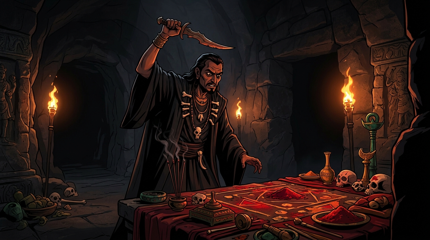 Sinister necromancer Matangaditya standing before blood-red altar raising a jagged curved dagger