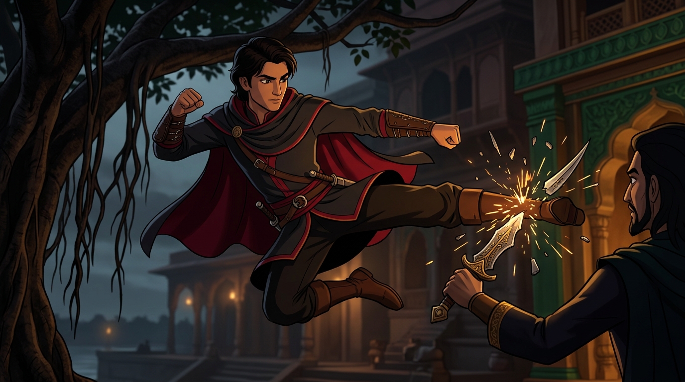 Apaharavarman leaps from banyan tree branches shattering the necromancer dagger with a flying kick