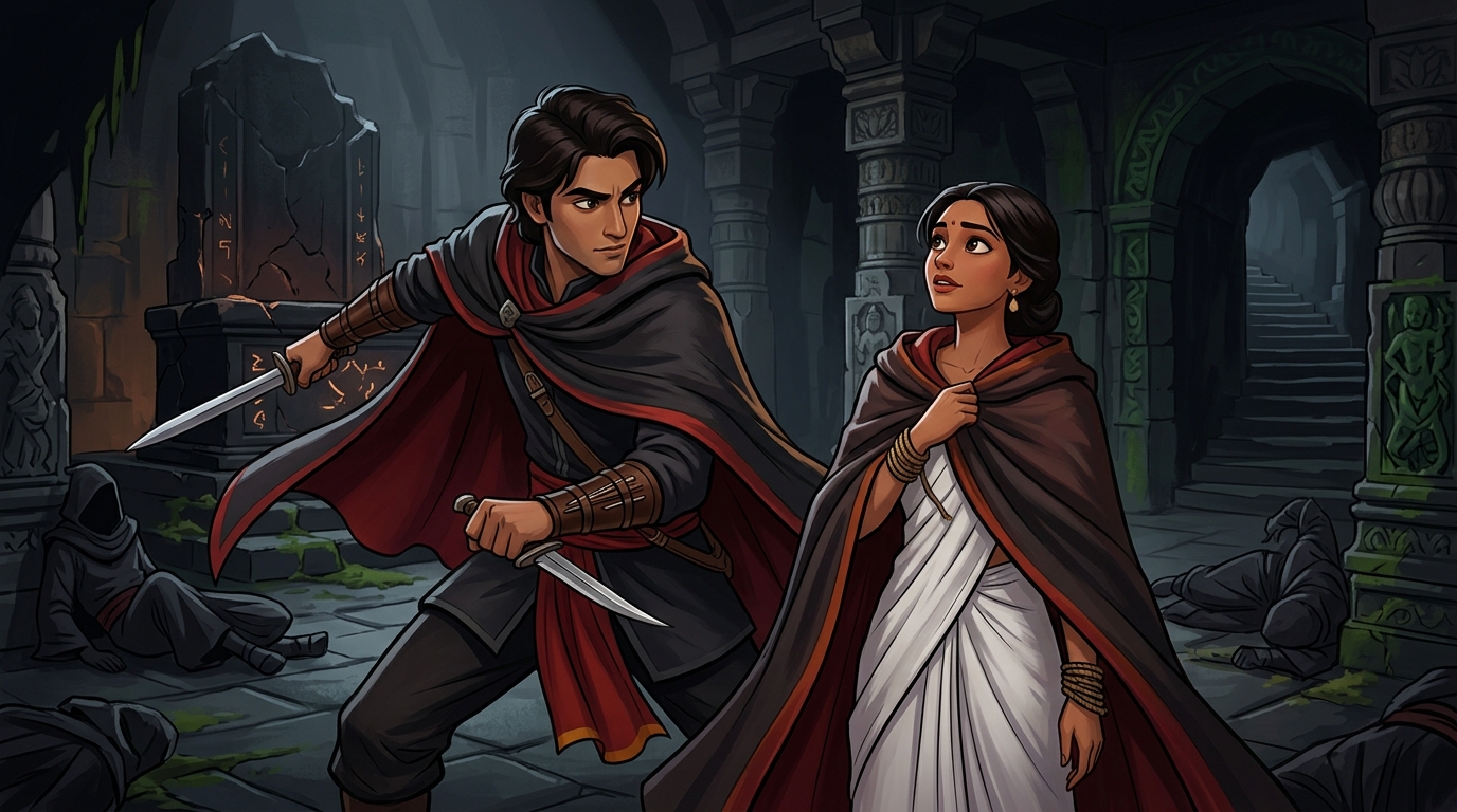 Apaharavarman defeats shadow guards, cuts Princess Ambika bonds, wrapping silk cloak around her