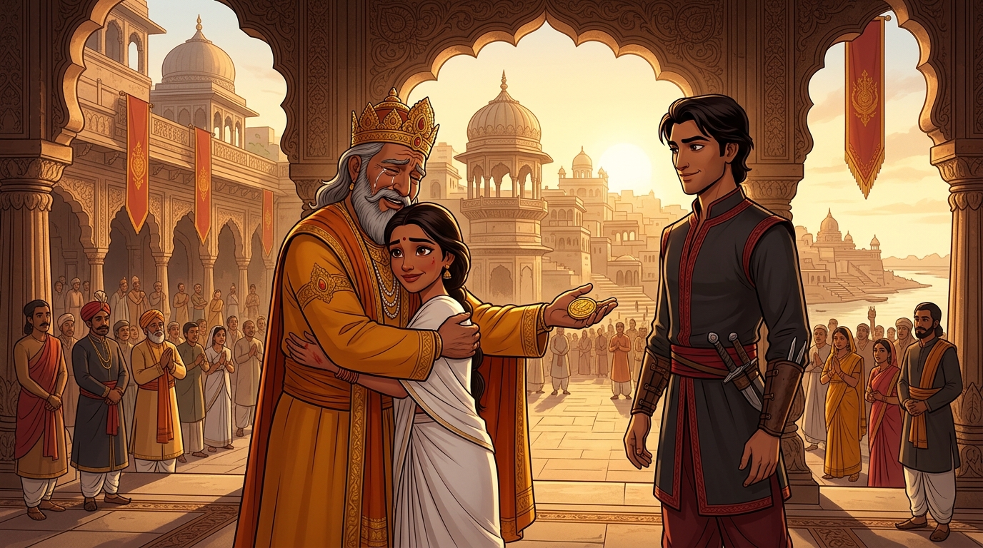 Grand royal court of Anga at sunrise where the King embraces his daughter honoring Prince Apaharavarman