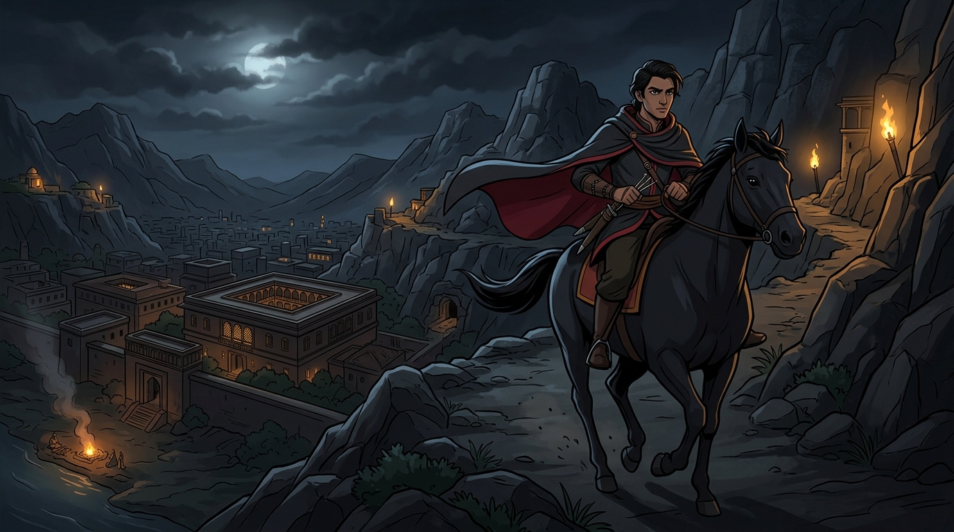 Apaharavarman rides black war steed through midnight mountain trails returning to sworn brothers
