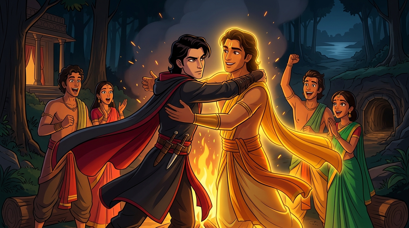 Campfire reunion in Vindhyatavi: Apaharavarman arrives embracing Rajavahana, Pushpodbhava, and Somadatta