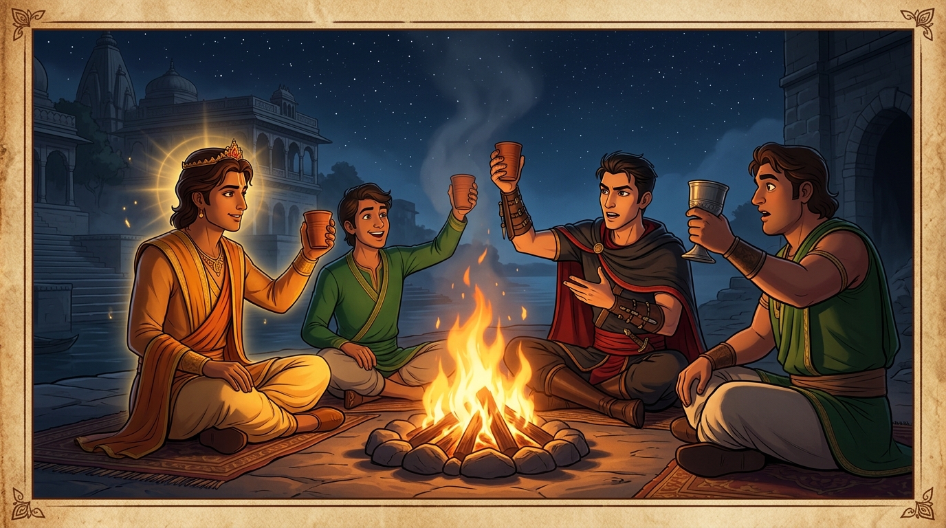 Closing wide shot: The four princes around blazing campfire as Apaharavarman speaks of his twin Upaharavarman in Mithila