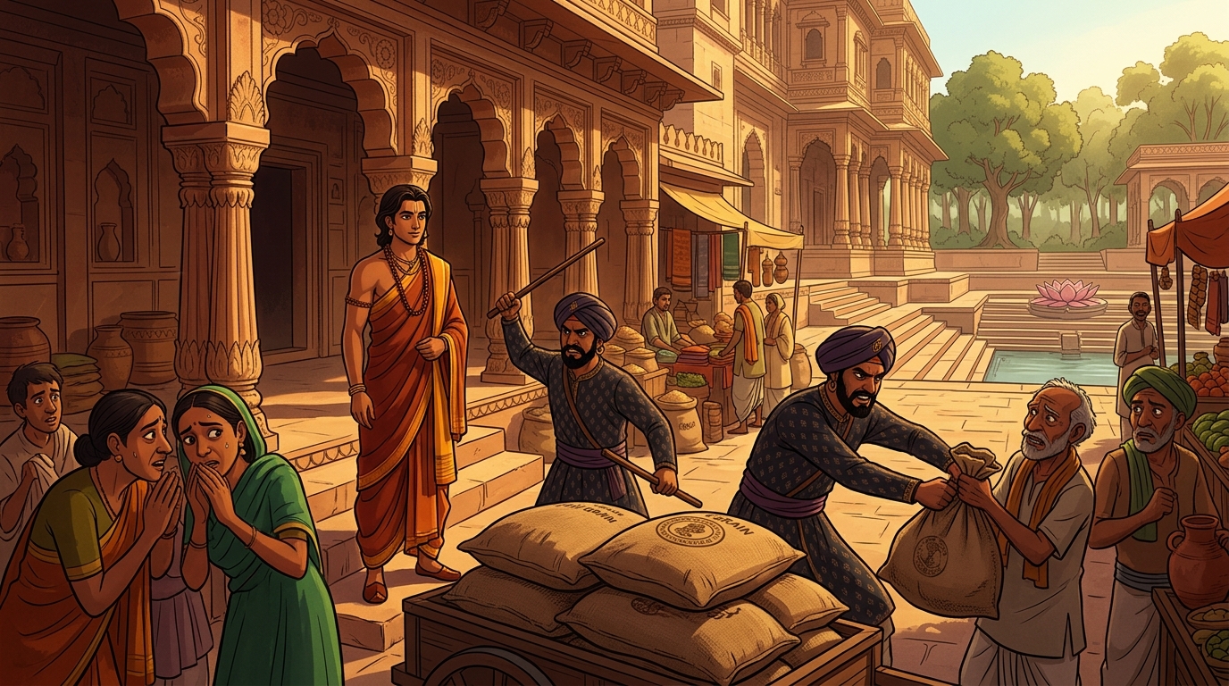 In the market square: Upaharavarman observes harsh tax collectors seizing grain from poor farmers