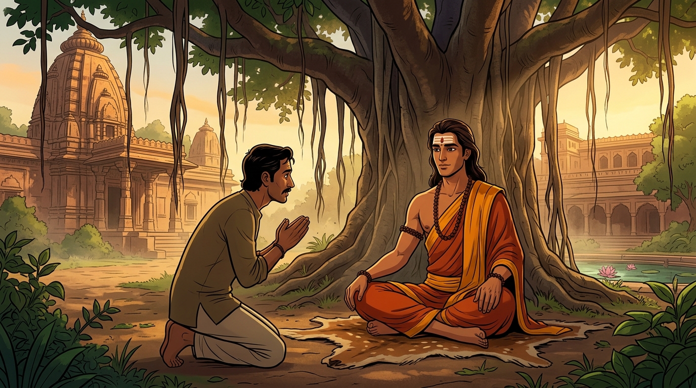 Upaharavarman establishes a peaceful ashram beneath a sacred banyan tree disguised as an enlightened hermit