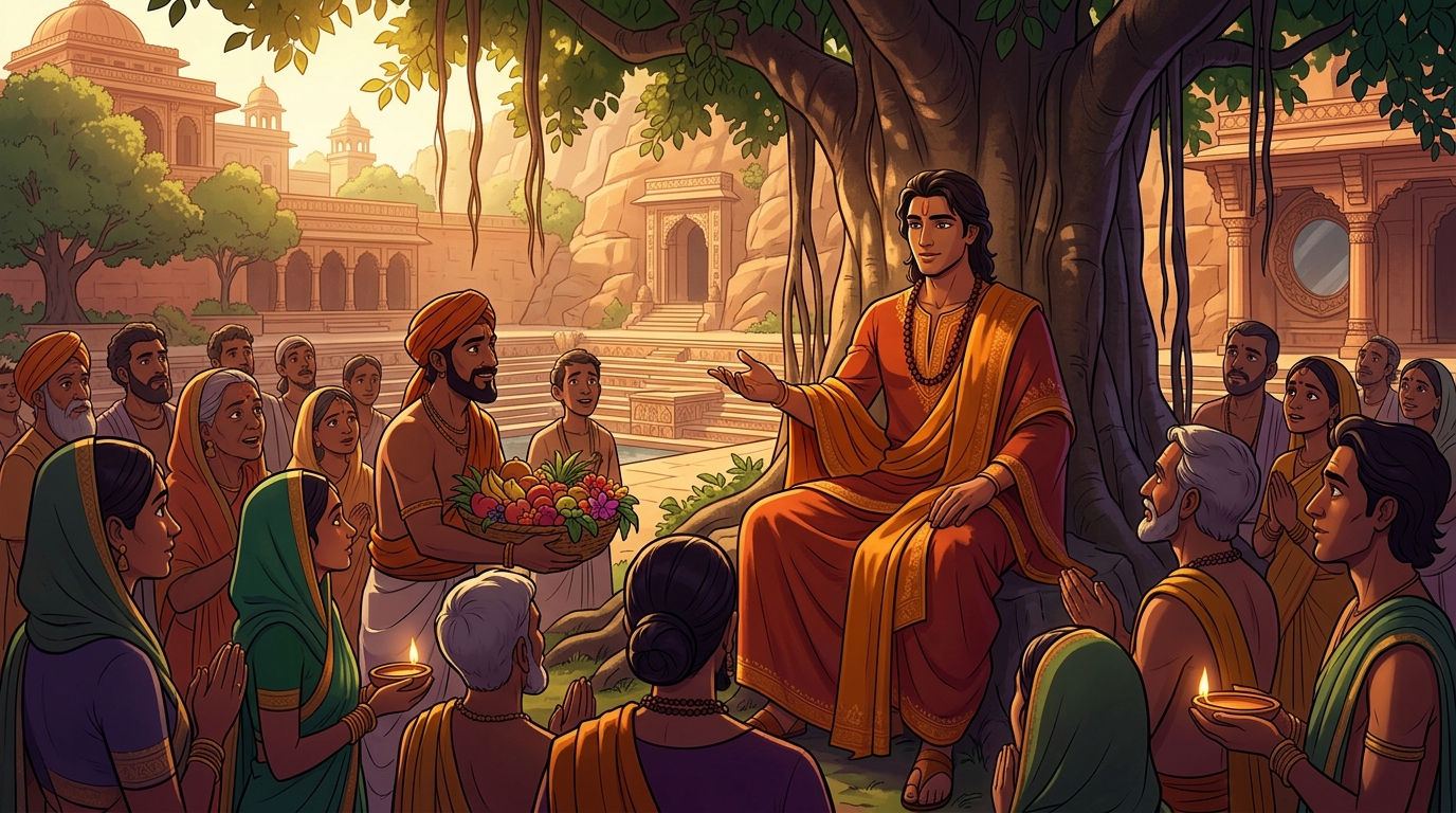 Citizens and merchants flocking to the grove listening in awe as the seer resolves disputes