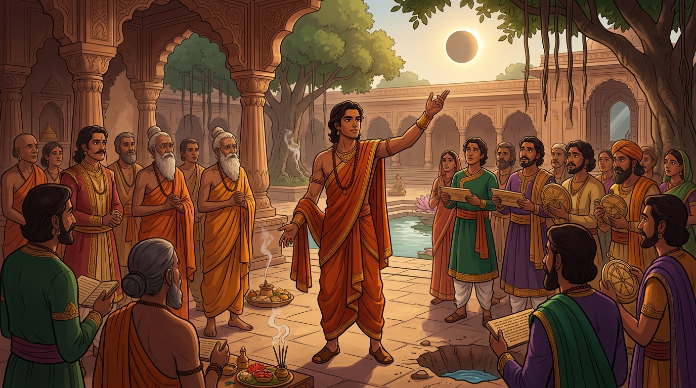 Upaharavarman correctly predicting exact hour of solar eclipse spreading his fame as divine sage