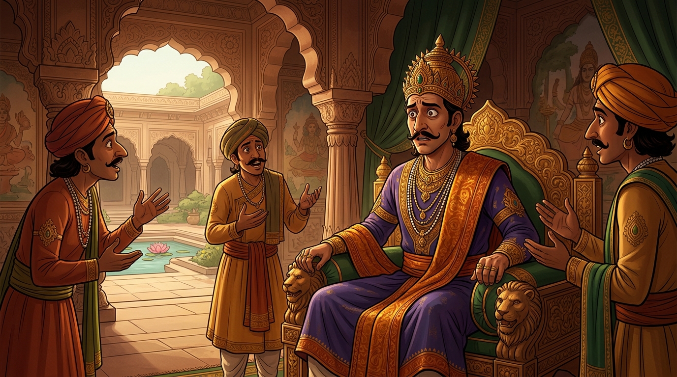 Inside palace: The superstitious usurper Vikatavarma listens anxiously to courtiers describing the miraculous hermit