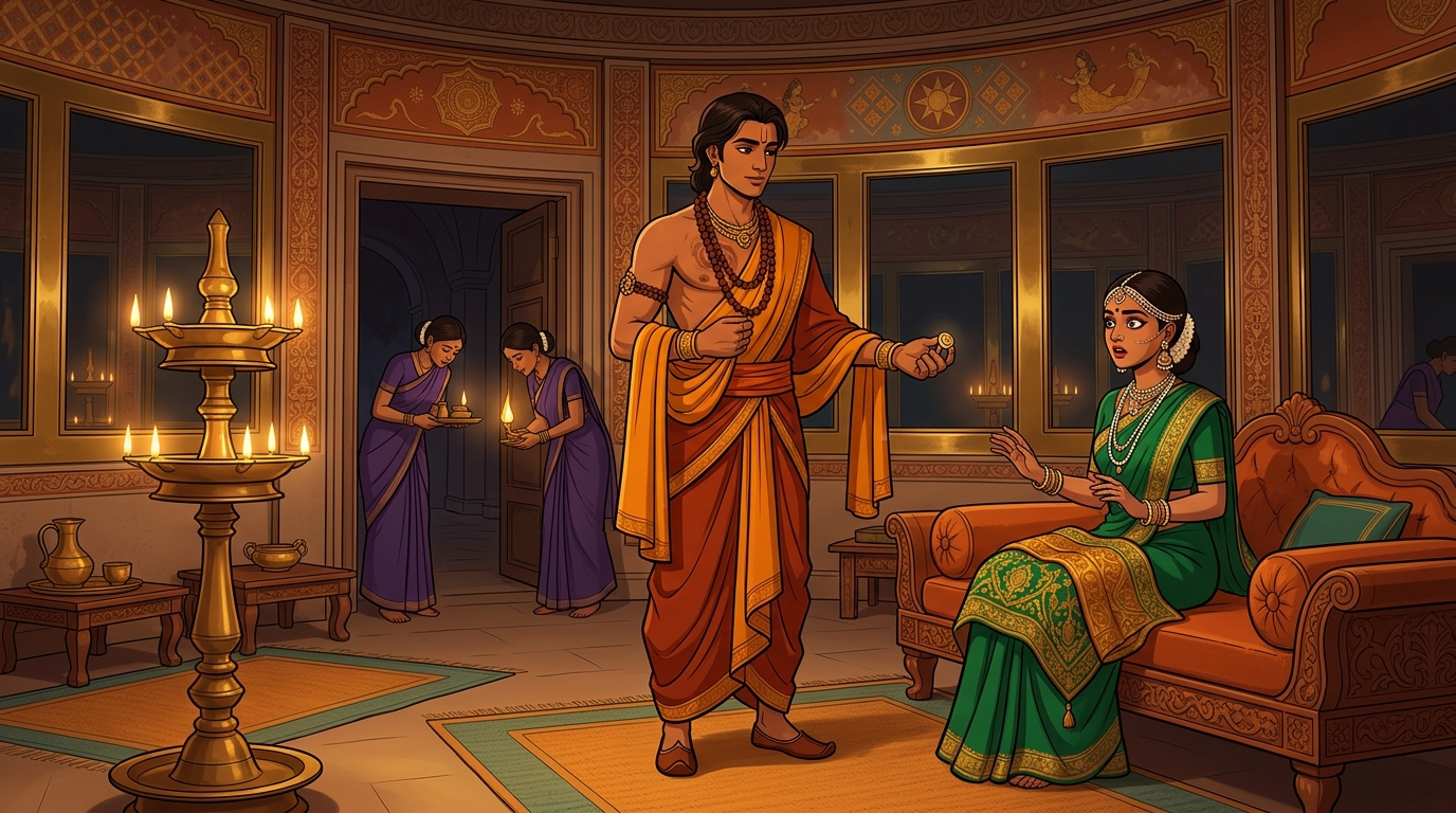 In private sanctum: Upaharavarman dismisses attendants and reveals his true identity with royal signet ring