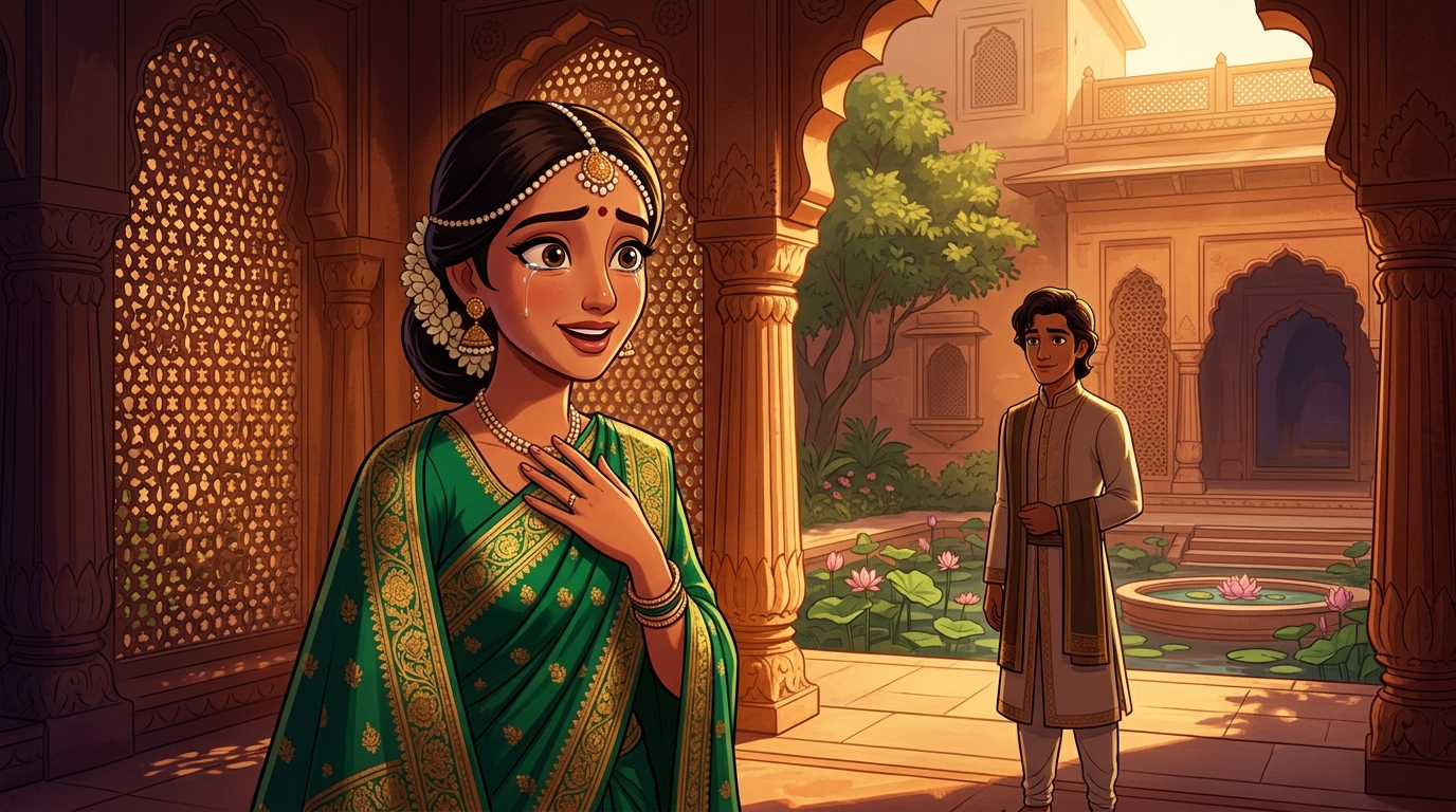 Dramatic emotional reaction: Queen Kalpasundari gazes in astonishment and joy at the rightful prince