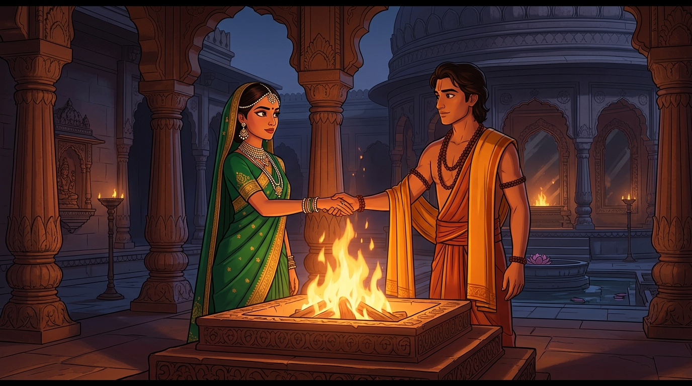 Kalpasundari and Upaharavarman seal their pact before sacred fire swearing to free King Praharaverma