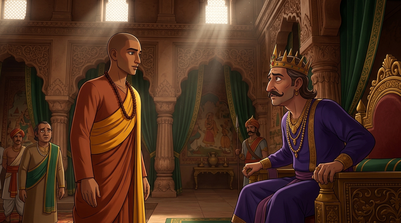 Inside royal audience hall: The disguised seer Upaharavarman promises the vain usurper Vikatavarma celestial rejuvenation
