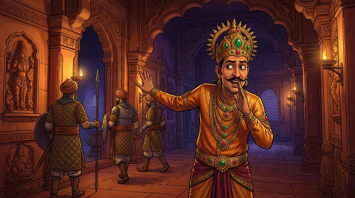 Night scene: Upaharavarman quietly prepares the consecrated palace chamber aligning bronze mirrors and lighting incense