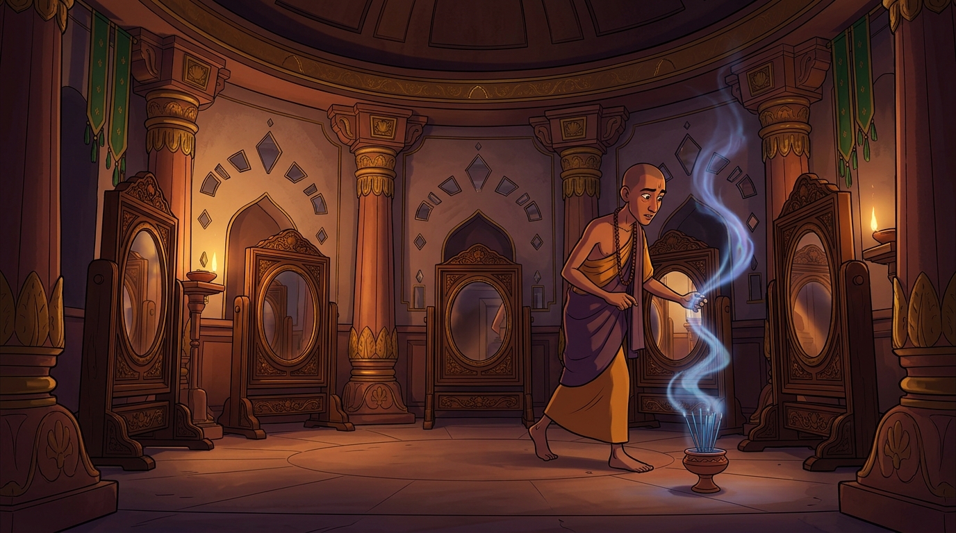 Midnight: The vain Vikatavarma steps through bronze doors into the mirror-lined chamber in thin silk robe
