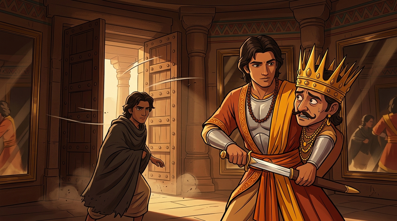 Terror and duel: Vikatavarma shrieks in panic lunging toward spear but Upaharavarman disarms him with lightning speed