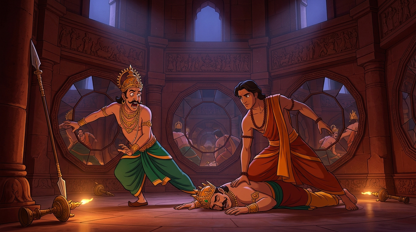 Upaharavarman and Queen Kalpasundari secure the deposed tyrant unlocking secret trapdoor to dungeons