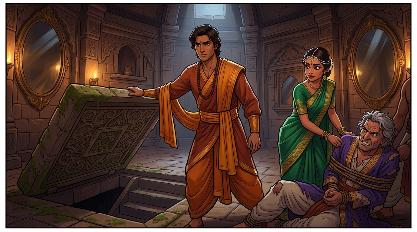 Deep underground cell: Upaharavarman severs the rusted iron shackles of King Praharaverma with his blade