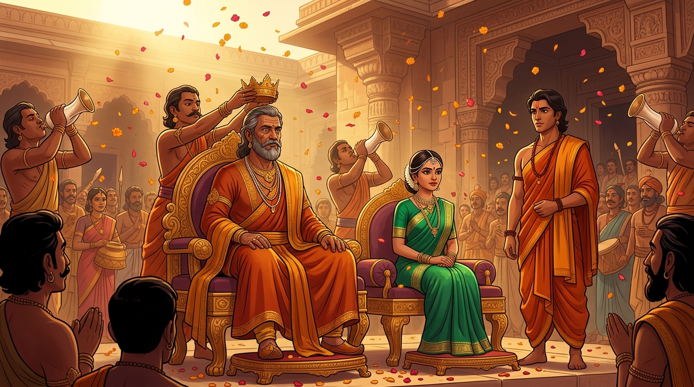 Grand sunrise assembly in Mithila: King Praharaverma triumphantly re-enthroned amidst conches and petals