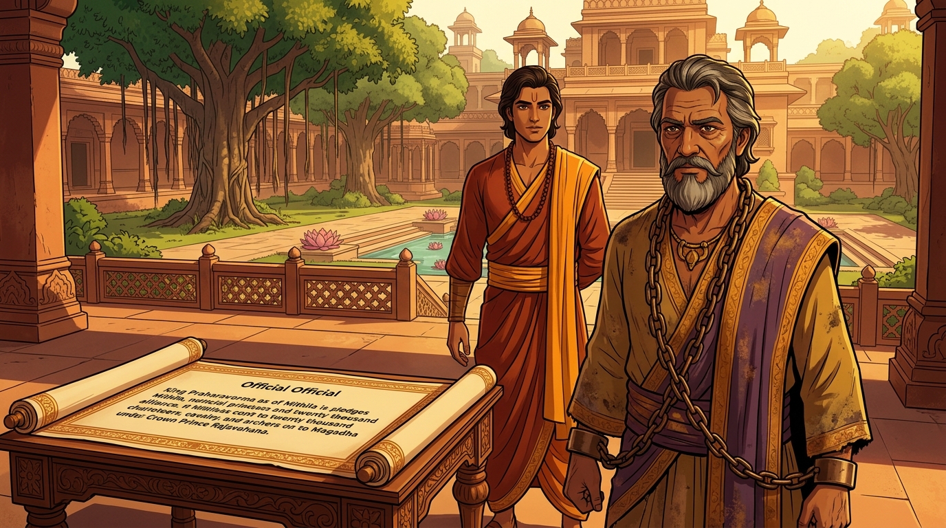 Imperial alliance: King Praharaverma pledges twenty thousand charioteers, cavalry, and archers to Magadha