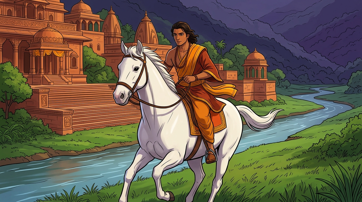 Upaharavarman mounts white steed galloping south through lush river plains toward Vindhya forest