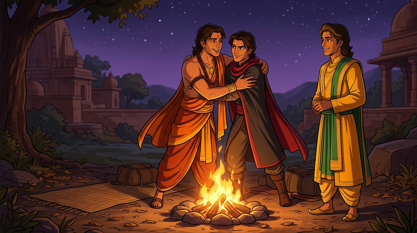 Campfire reunion: Upaharavarman arrives embracing his twin brother Apaharavarman and Rajavahana