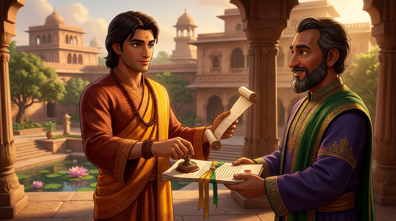 Upaharavarman presents royal seal of Mithila and alliance treaty to Rajavahana