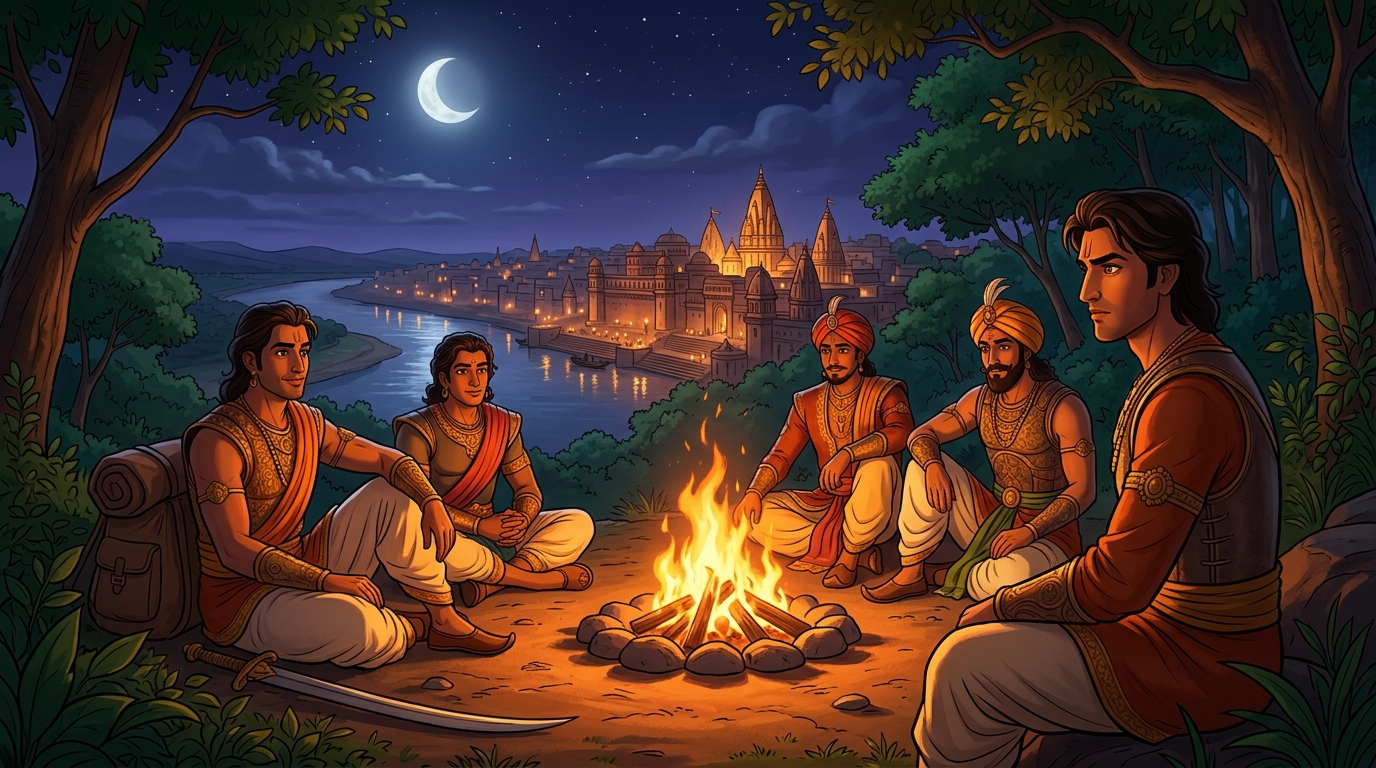 Closing wide shot: The five princes around blazing campfire as Rajavahana looks toward Varanasi for Prince Arthapala