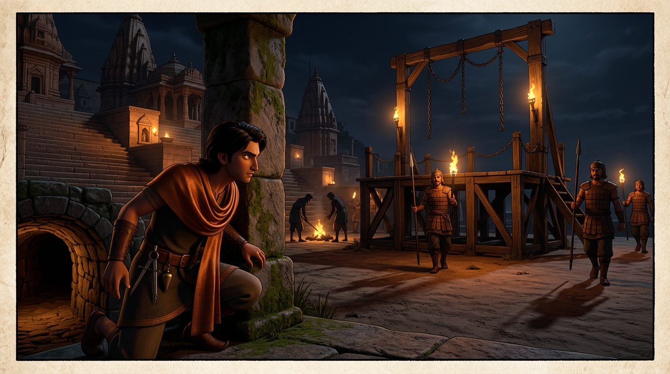 Midnight reconnaissance at city execution grounds: Arthapala observes massive wooden scaffold and sentries