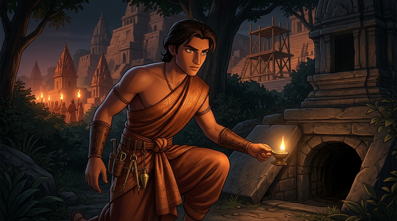 Behind an abandoned Shiva shrine fifty paces away: Arthapala discovers forgotten stone drainage vault