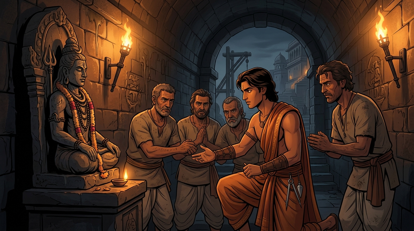 Arthapala recruits four loyalist craftsmen and former guild miners of his father swearing them to secrecy