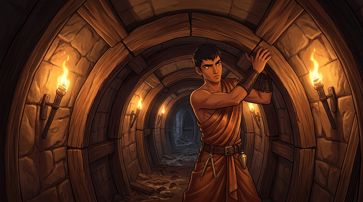 Shoring tunnel walls with interlocking wooden arches to prevent cave-ins beneath heavy city streets