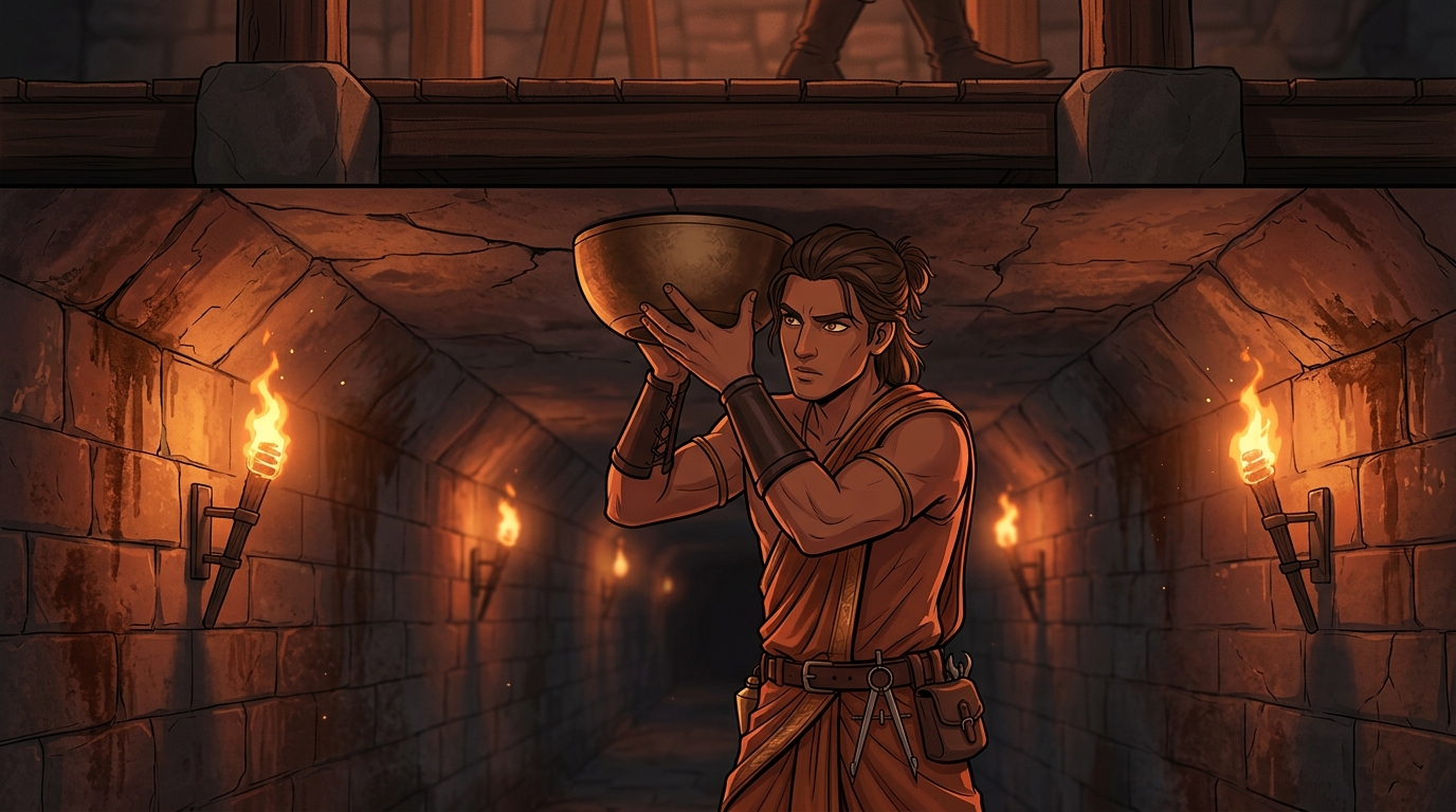 Acoustic test: Arthapala presses hollow bronze bowl against tunnel ceiling listening to sentries pacing above