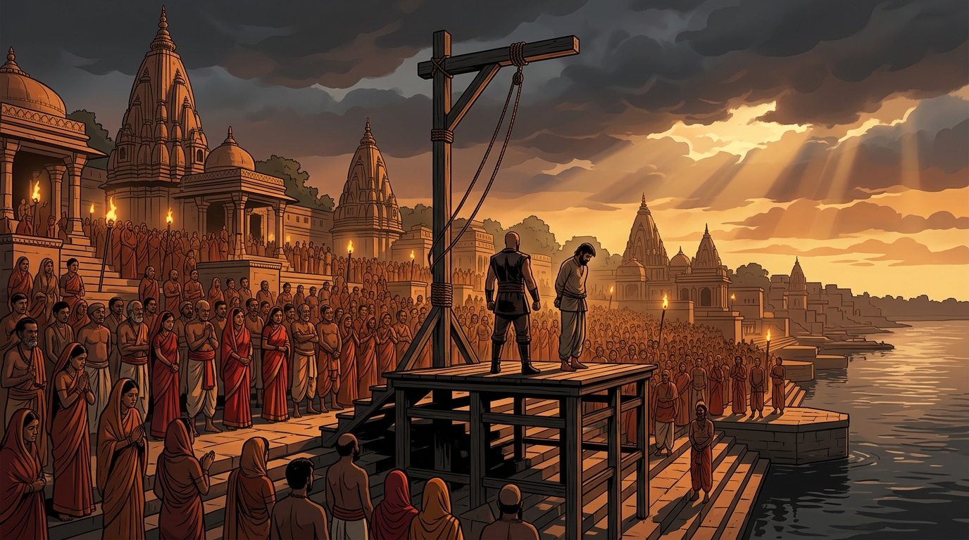 Wide shot of execution grounds at dawn: Thousands of grieving citizens assemble in silence around wooden scaffold