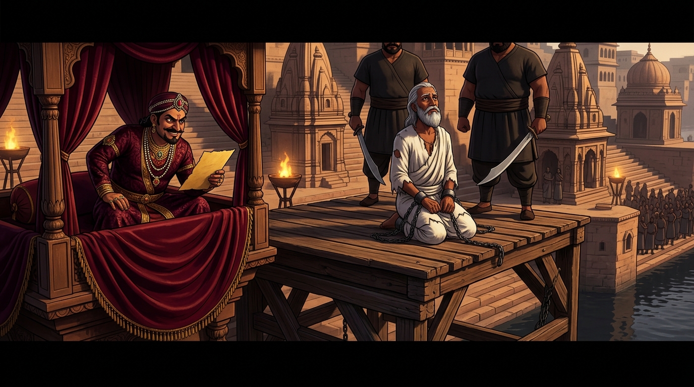 Traitor Chandasimha gloats from velvet pavilion while chained Kamarapala kneels with serene dignity