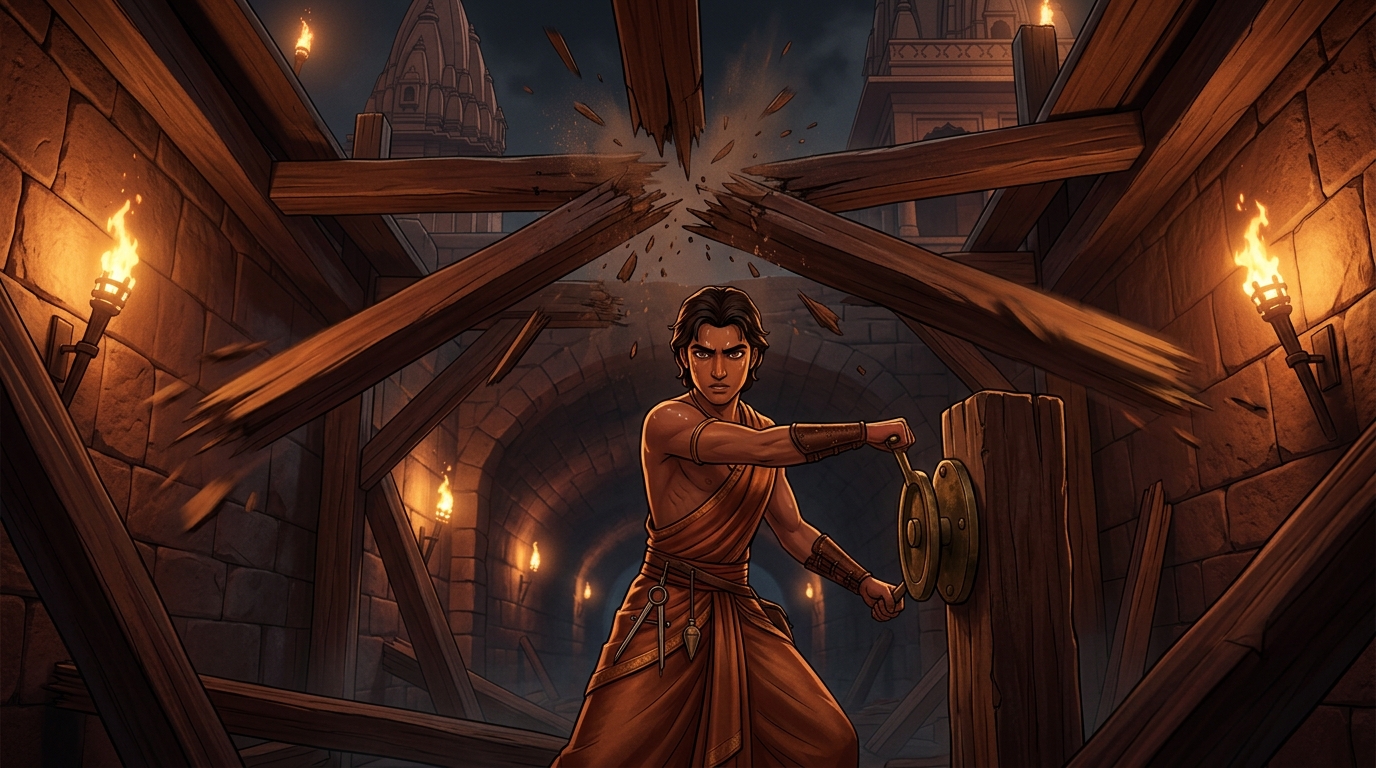 Action climax: From tunnel below Arthapala pulls bronze release lever center timbers give way with crack