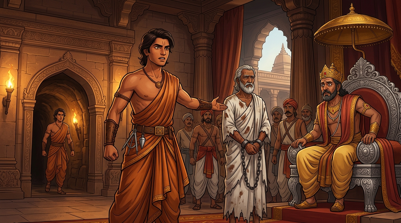 Dramatic entrance: Emerging through secret palace entrance Arthapala presents living Kamarapala before King of Kashi