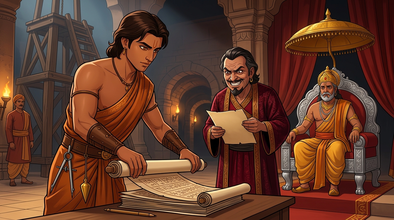 Exposing forgery: Arthapala unrolls authentic ledgers seized from Chandasimha proving treason