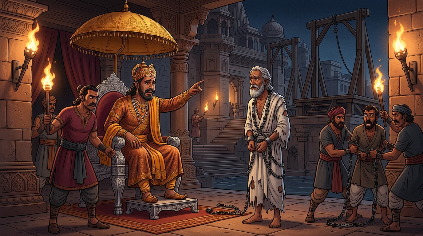 Repentance and justice: King of Kashi weeps with remorse ordering Chandasimha into chains