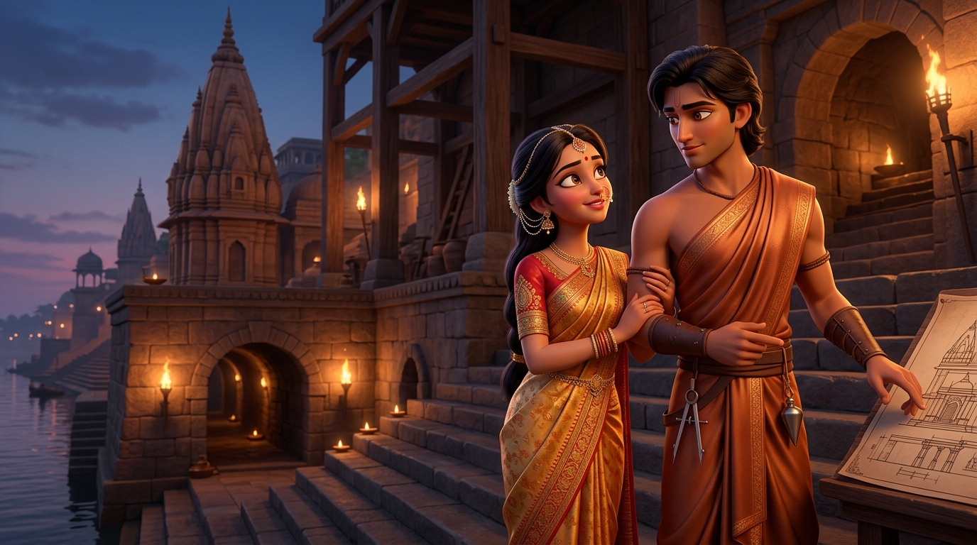 Princess Manikarnika of Kashi looks upon Prince Arthapala with radiant admiration and love