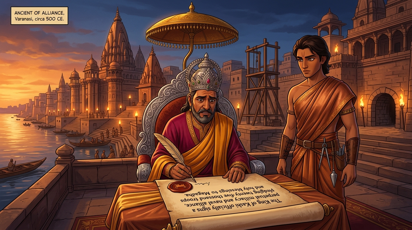 Sacred treaty: King of Kashi signs perpetual alliance pledging twenty-five thousand troops to Magadha