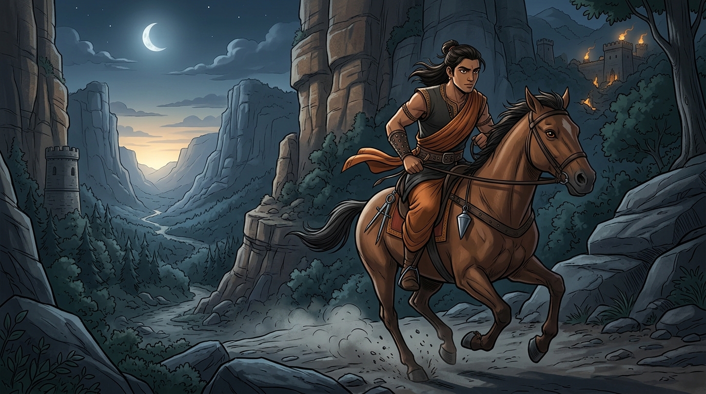 Prince Arthapala mounts swift stallion galloping westward through moonlit mountain passes of Vindhyas